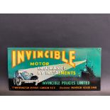 An Invincible Motor Insurance pictorial tin advertising sign, in very good condition, 20 x 9 1/2".