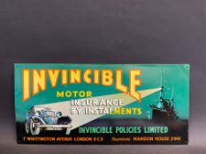 An Invincible Motor Insurance pictorial tin advertising sign, in very good condition, 20 x 9 1/2".