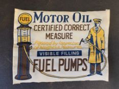 A Macclesfield silk pictorial patch depicting a petrol pump - 'Motor Oil Certified Correct Measure',