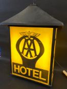 An AA Hotel illuminated hanging lightbox of plastic construction, 23" wide x 30" high (excluding