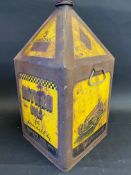 A Notwen Oils five gallon pyramid can with an image of a racing car to one panel.