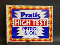 A Pratts High Test Petrol & Oil 'harlequin' double sided enamel sign with hanging flange, older