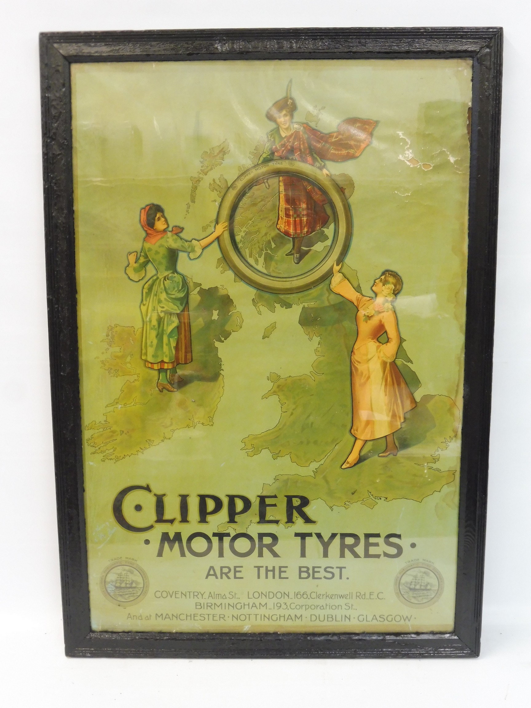 A rare Clipper Motor Tyres pictorial showcard depicting three figures holding a tyre, in original