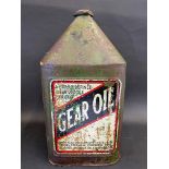 A 'Gear Oil' five gallon square pyramid can.