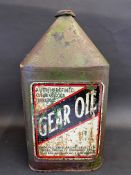 A 'Gear Oil' five gallon square pyramid can.