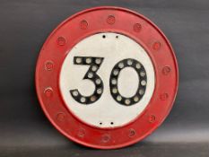 A 30 mph circular speed limit sign, stamped Gowshall Limited No. 652. Outer, 18" diameter. All