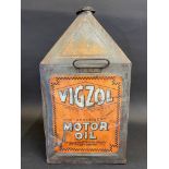A Vigzol Motor Oil five gallon pyramid can.