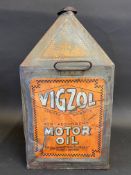A Vigzol Motor Oil five gallon pyramid can.
