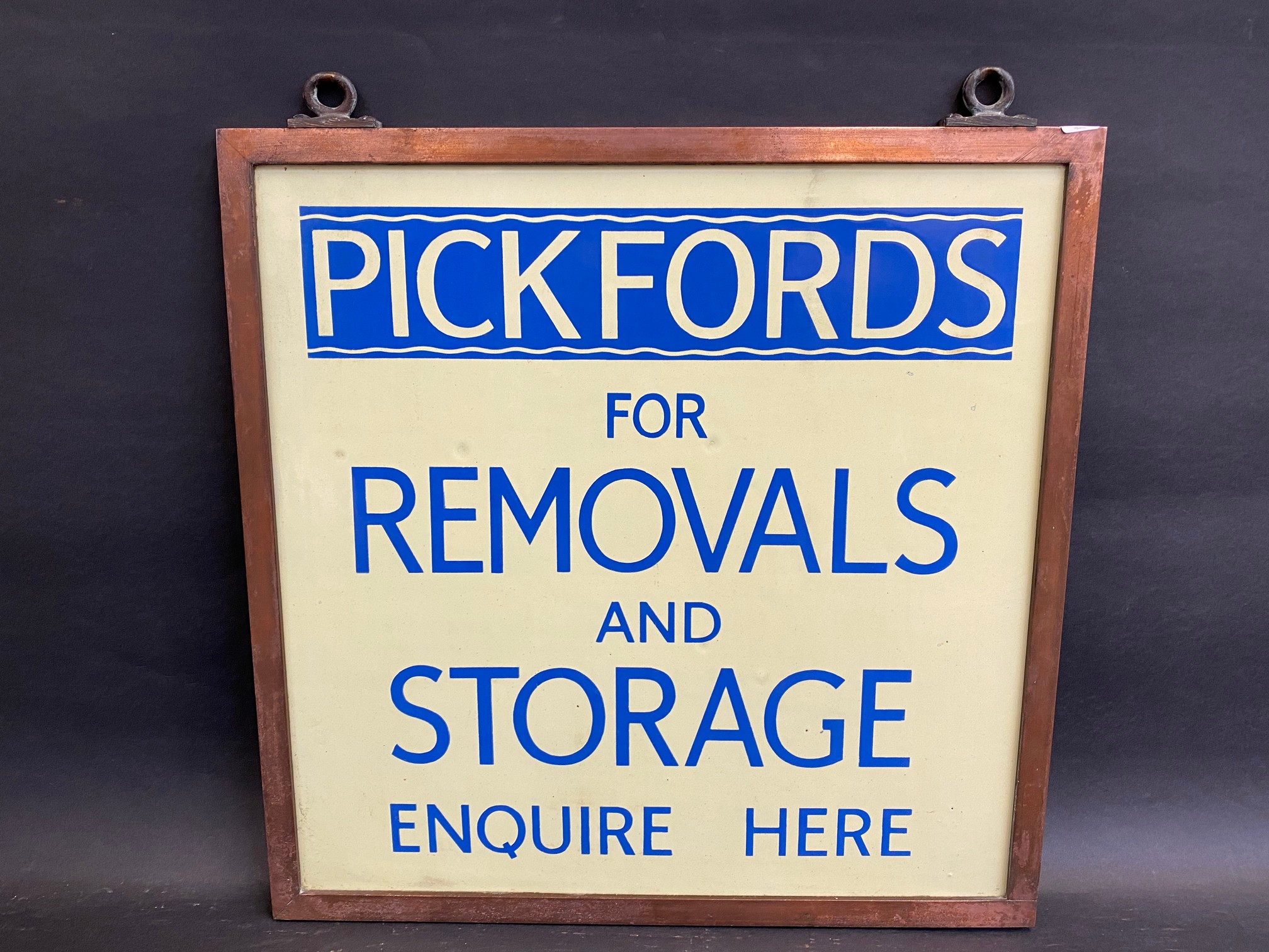 A Pickfords for Removals and Storage double sided enamel sign in a copper hanging frame, superb - Image 2 of 2