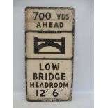 An aluminium road sign for Low Bridge Head Room, with raised glass reflective beads, 15 x 27".