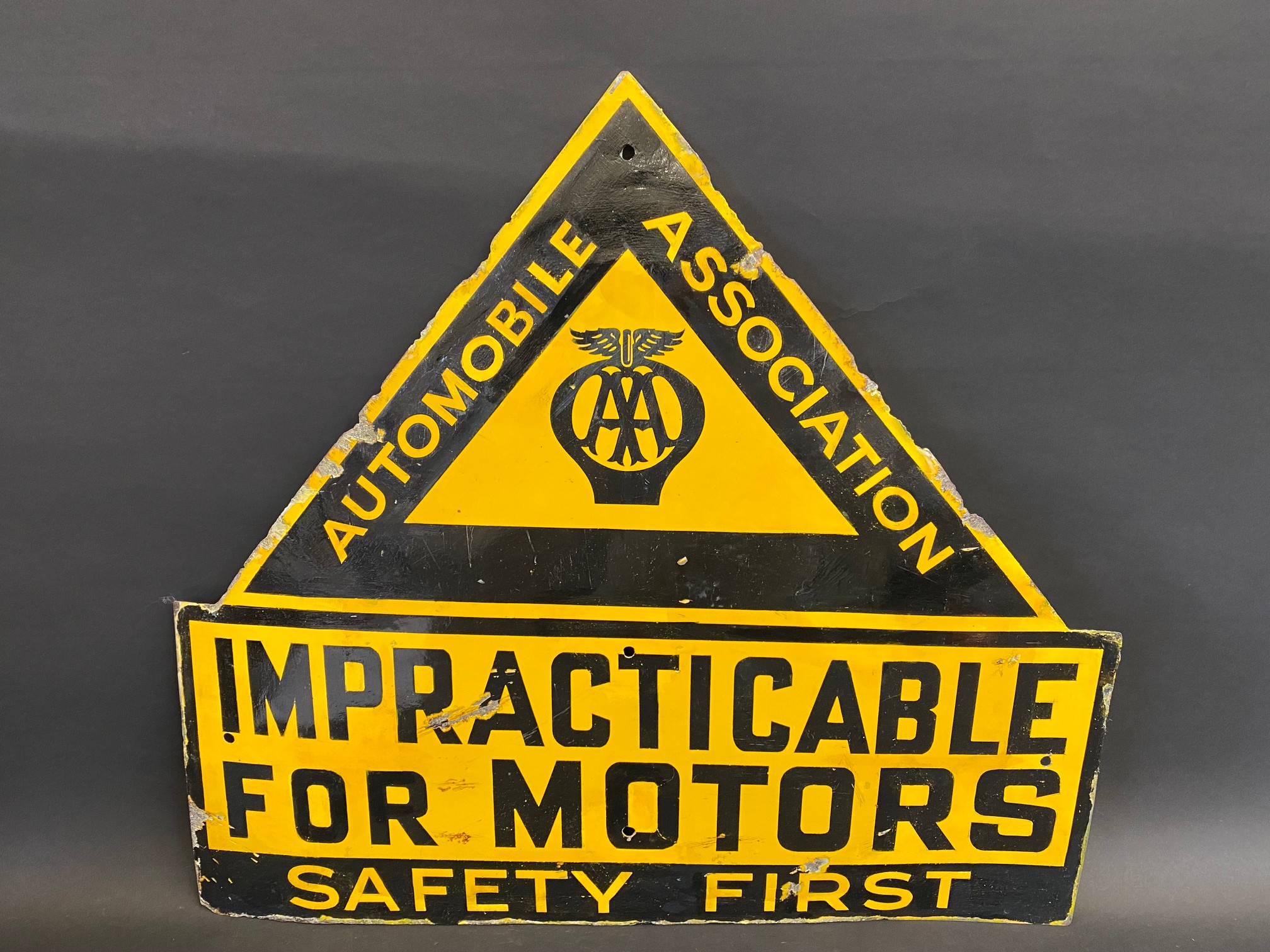 An AA 'Impracticable For Motors' Safety First enamel sign, with some restoration, 26 x 24".