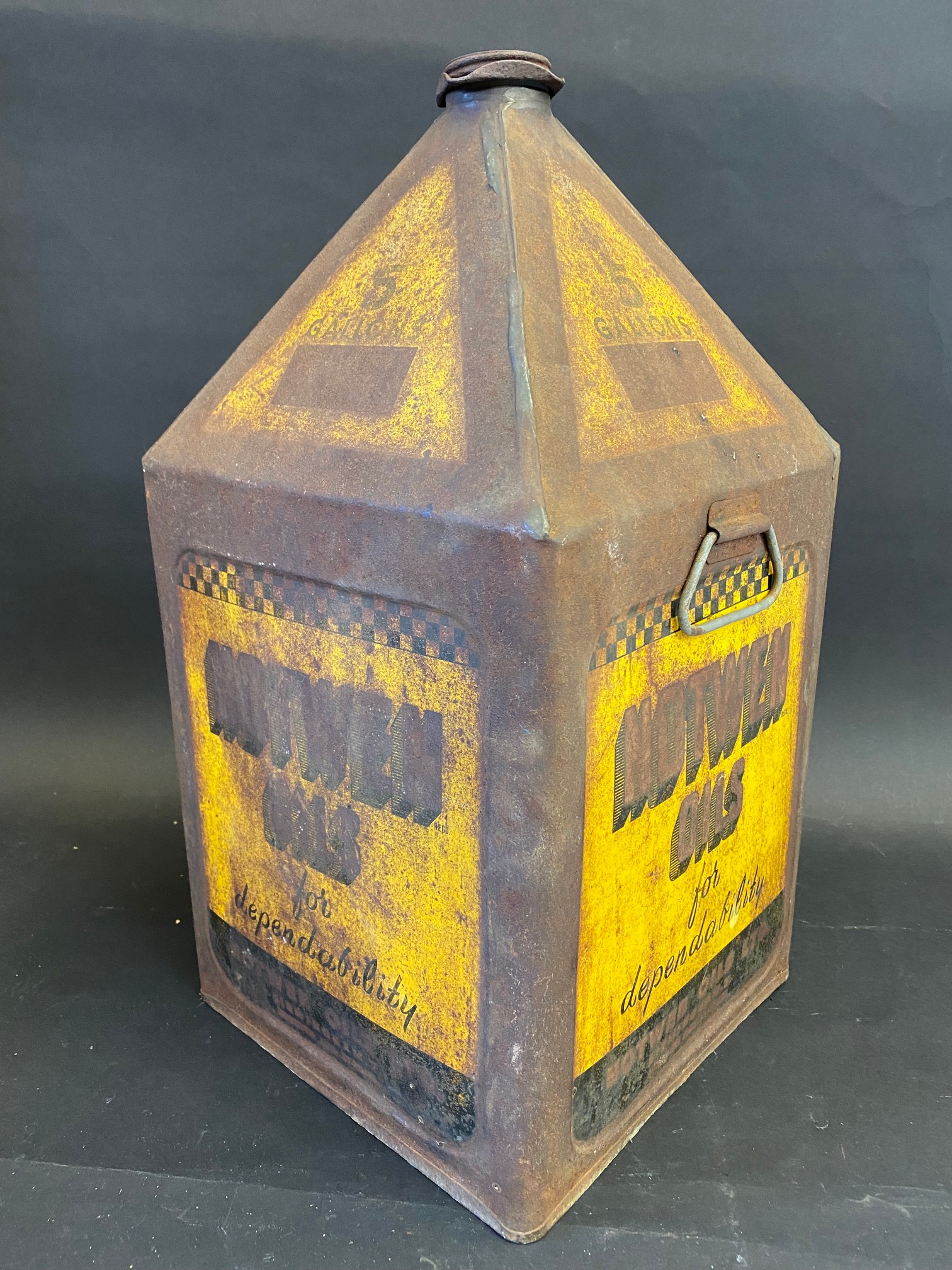 A Notwen Oils five gallon pyramid can with an image of a racing car to one panel. - Image 2 of 4