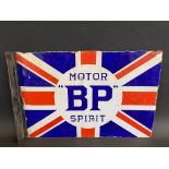 A BP Motor Spirit Union Jack double sided enamel sign with re-attached hanging flange, some