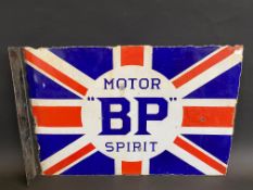 A BP Motor Spirit Union Jack double sided enamel sign with re-attached hanging flange, some