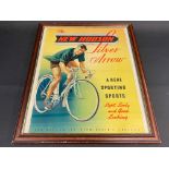 A framed and glazed pictorial advertisement for New Hudson Silver Arrow bicycles, January 1950, 18 x