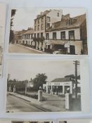 Nine smaller scale photographs/postcards of old garages, all with petrol pumps in situ, including