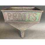 A Pratts rectangular funnel with embossed lettering and traces of original green paint.