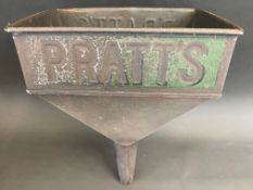 A Pratts rectangular funnel with embossed lettering and traces of original green paint.