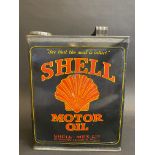 A Shell Motor Oil gallon can in good condition, with very good cap.