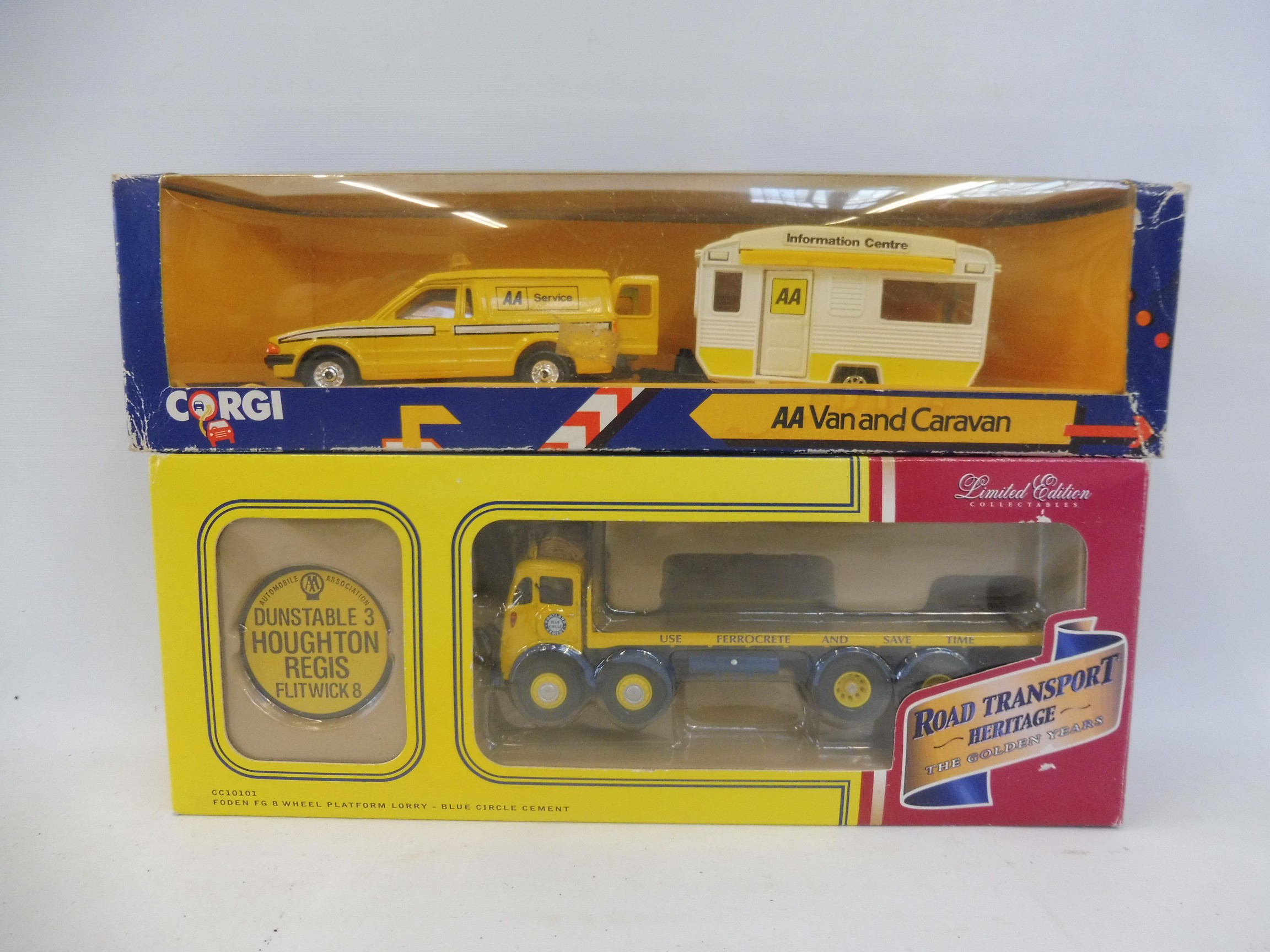 A boxed Corgi AA Van and Caravan, C14 plus a Corgi 1:50 scale die-cast Foden FG eight wheel platform