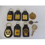 Six different AA keyrings, showing the evolution of the AA emblem, plus two early AA keys and a