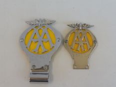 A yellow back AA car badge, side hole version, circa 1939, stamped 54654N with badge bar mounting