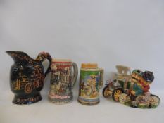 A selection of tandem bicyle and motoring related ceramics to include a Miller high life advertising