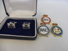 Two RAC Members Club enamel badges, an associated date bar for 1971, an RAC British Grand Prix