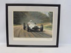 A framed and glazed print after Roy Nockolds, featuring Randolf Caracciola in Mercedes W154,