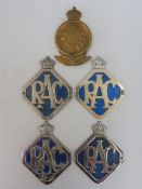 Four thin type RAC badges, one with solid back, plus a brass full member badge, radiator fixing.