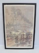 A large framed and glazed print of a pre-war race after GEO HAM, featuring a battle between a Blower