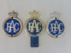 Three circa 1950s/1960s RAC Associate badges, type 1A, type 1D and type 3.