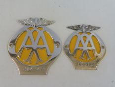 An AA radiator mounted flat badge, no 28414P plus a smaller version 36608M.