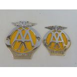 An AA radiator mounted flat badge, no 28414P plus a smaller version 36608M.