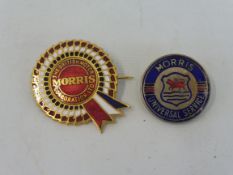 A Morris BMC enamel rosette lapel badge plus a Morris Universal Service badge.
