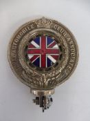 A Royal Automobile Club Associate motorcycle badge with number plate fixing, nickel plated brass,