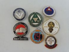 Seven assorted enamel lapel badges including Circle of 19th Century Motorists, Company of Veteran