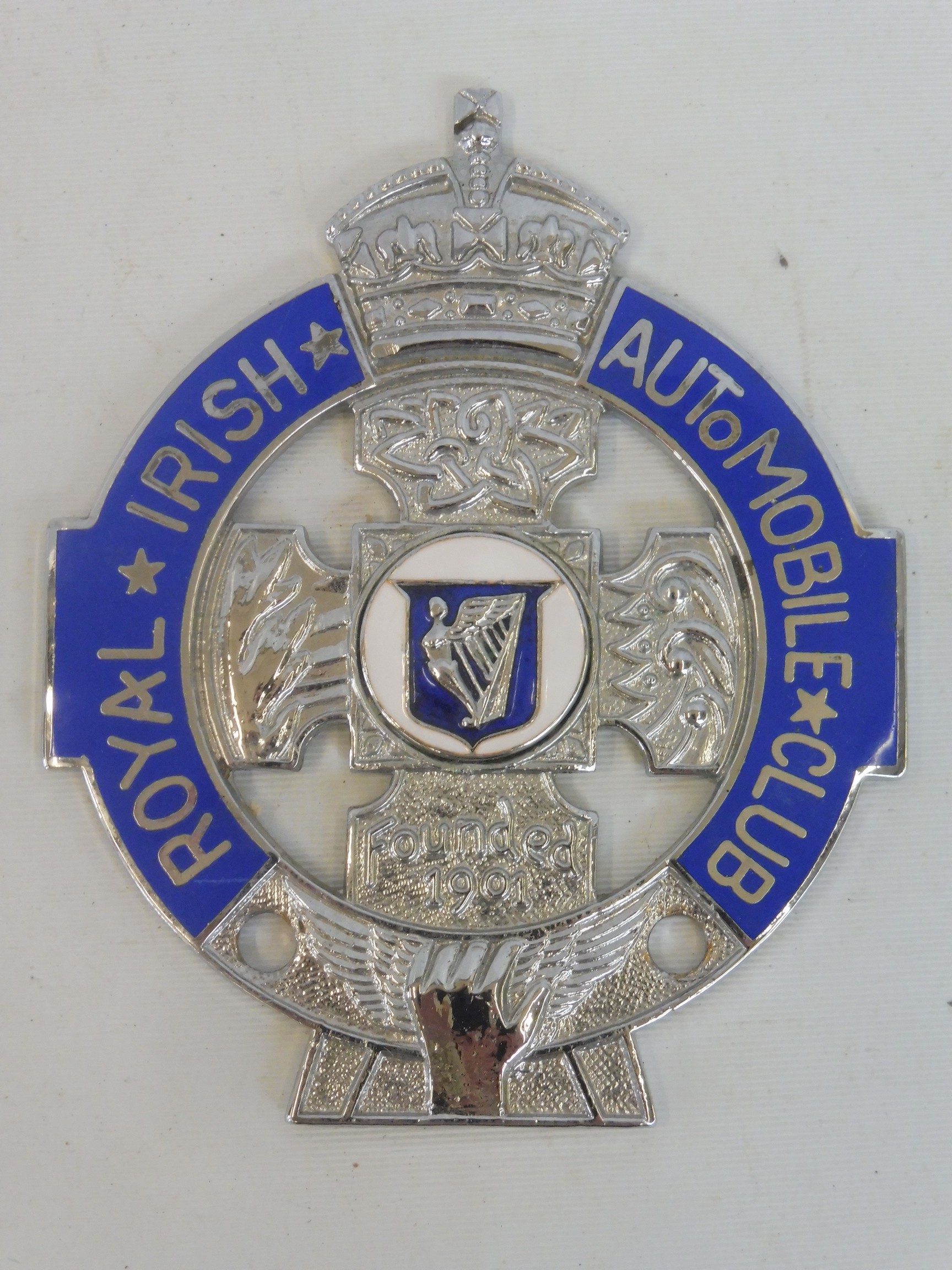 A Royal Irish Automobile Club badge, type 5, post 1950, chrome plated brass and enamel, stamped to