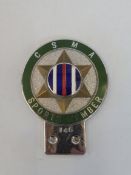A CSMA Sports Member car badge, stamped 146, 1957-1960s.