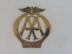 An AA Motorcycle type 4 badge, stamped 747233, May 1928-Feb 1929, nickel.