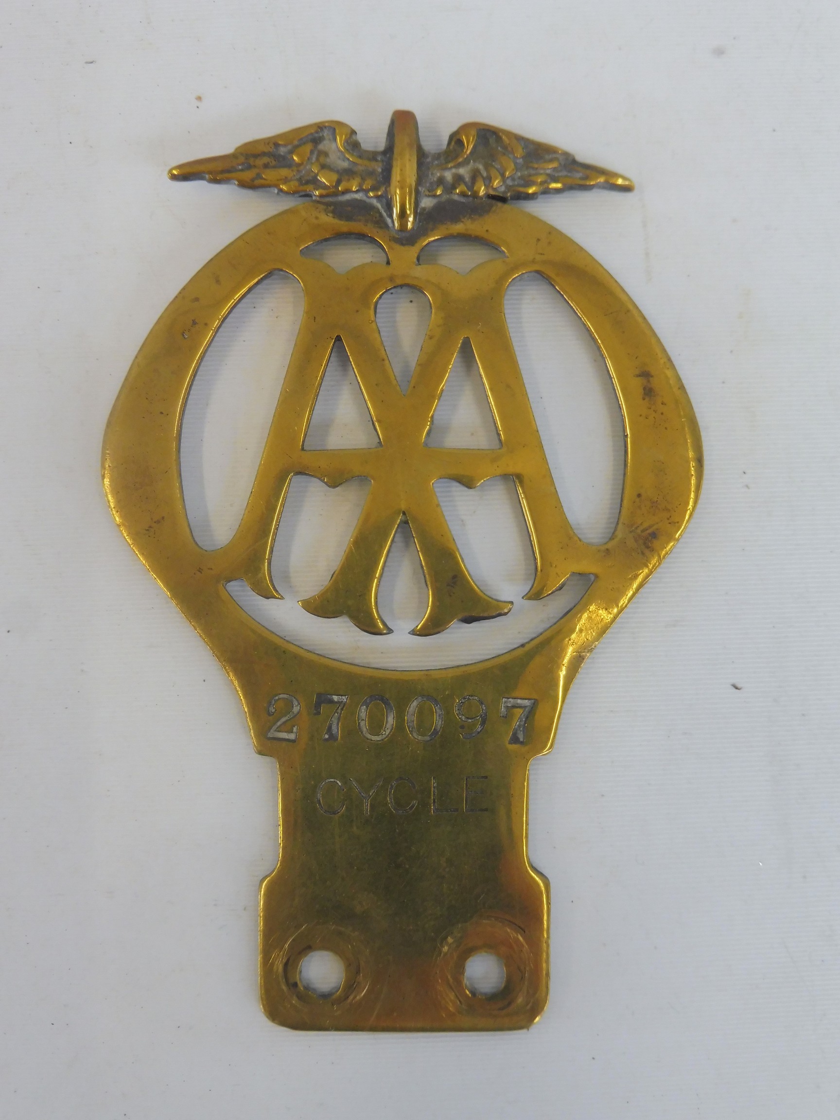 An AA Motorcycle - Cycle Car type 1B badge, brass, no. 270097, June 1920.