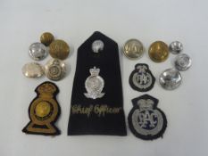 A selection of RAC buttons plus various embroidered insignia, plus a 'Chief Officer' lapel with