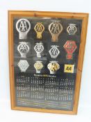 A framed and glazed AA related calendar poster showing the evolution of the AA badge, 1975.