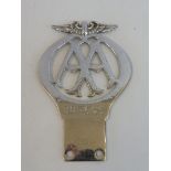 An AA car badge, stamped 997407, chrome plated brass, circa 1930, nearly the last of the first 1,