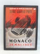A framed Monaco Grand Prix 1960 reproduction poster, 13 x 17".