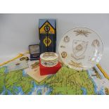 A boxed Spode AA 75th Anniversary porcelain lidded pot, a Spode anniversary plate, an AA related tea