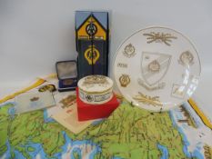 A boxed Spode AA 75th Anniversary porcelain lidded pot, a Spode anniversary plate, an AA related tea