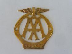 A small brass AA badge, stamped 38258M, this is an example of the last brass type badges produced.