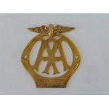 A small brass AA badge, stamped 38258M, this is an example of the last brass type badges produced.