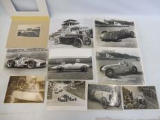 A small collection of photographs of race cars, some pre-war some post, including a Riley on a